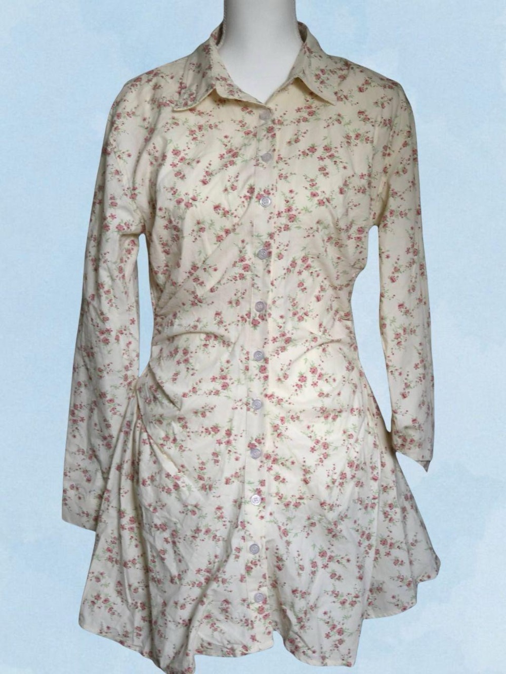 Women's Cream Floral Button‑Front Shirt Dress